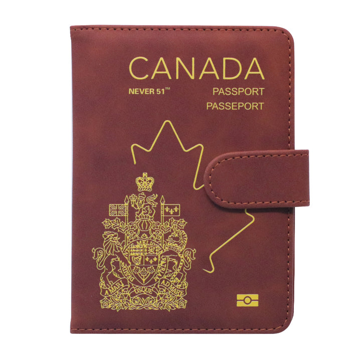 Passport holder with magnetic buckle with logo Never 51-Brown color