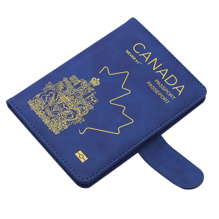 Passport holder with magnetic buckle with logo Never 51-Blue