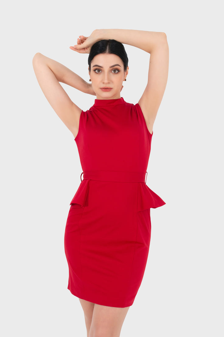 Mock neck Peplum Sleeveless Dress-Red color