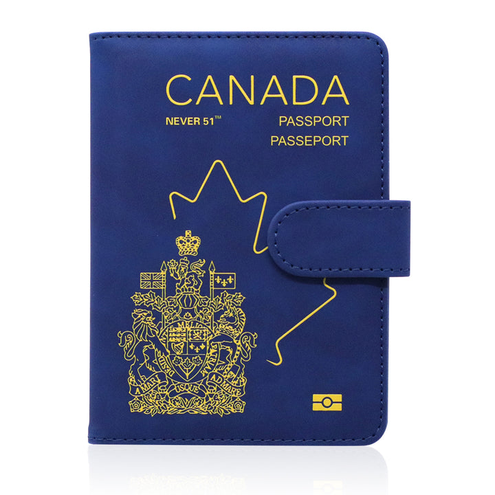 Passport holder with magnetic buckle with logo Never 51-Blue