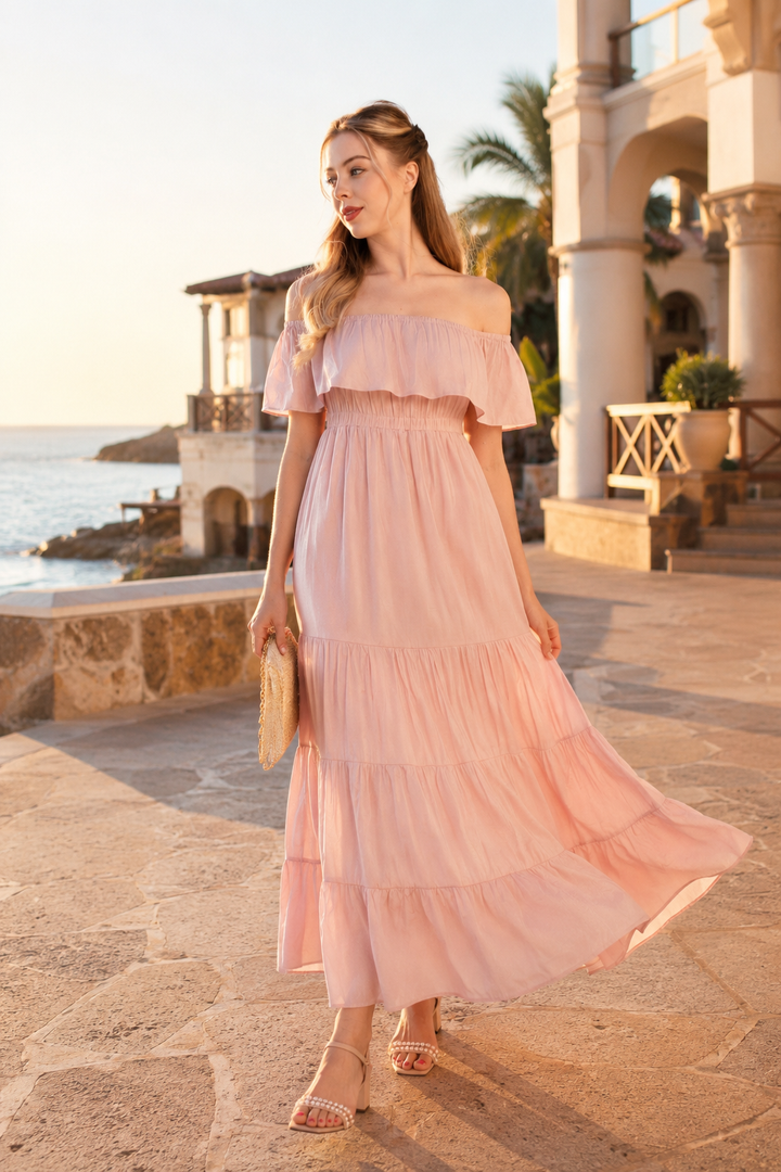 Amélie Blush Pink Off-Shoulder Tiered Maxi Dress