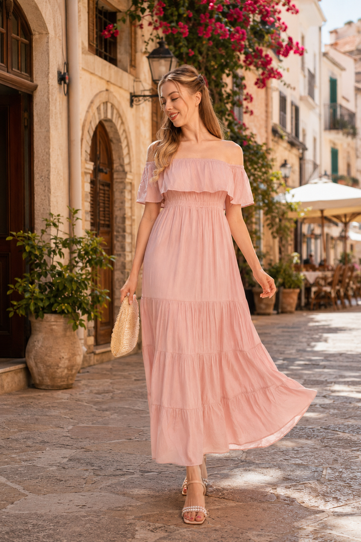 Amélie Blush Pink Off-Shoulder Tiered Maxi Dress