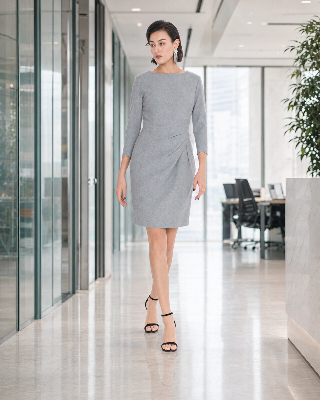Asymmetrical Pleated Waist Sheath Dress