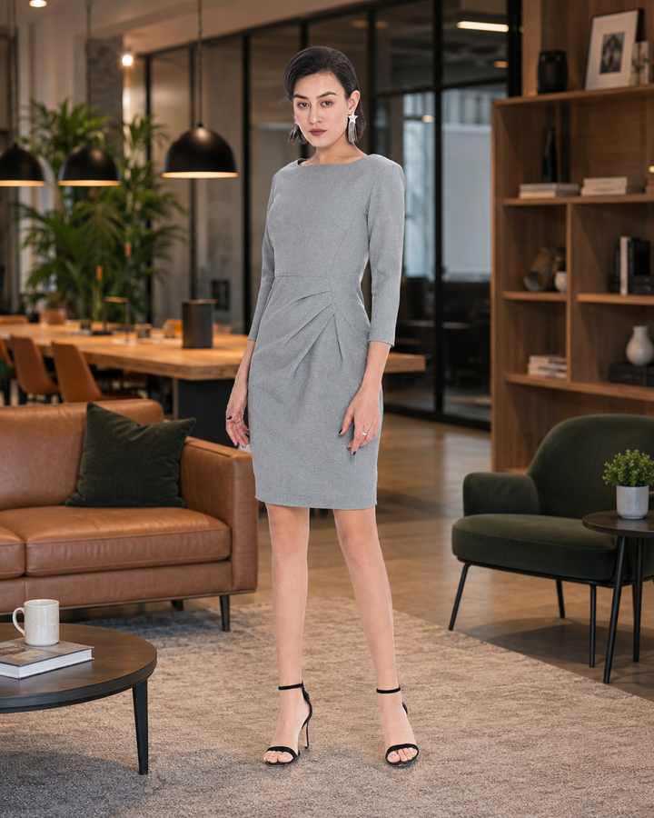 Asymmetrical Pleated Waist Sheath Dress