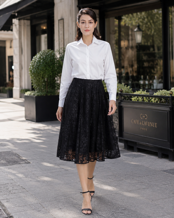 Aurelia Floral Lace A-Line Midi Skirt – Black