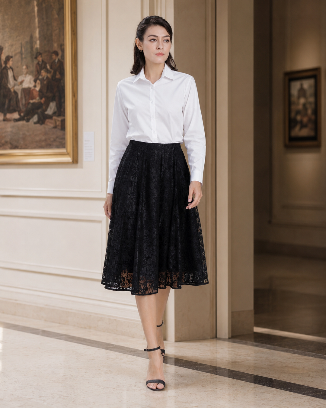 Aurelia Floral Lace A-Line Midi Skirt – Black