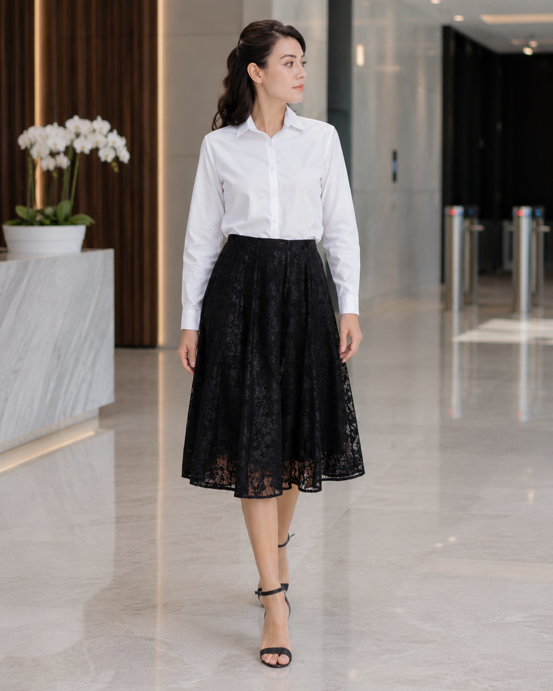 Aurelia Floral Lace A-Line Midi Skirt – Black