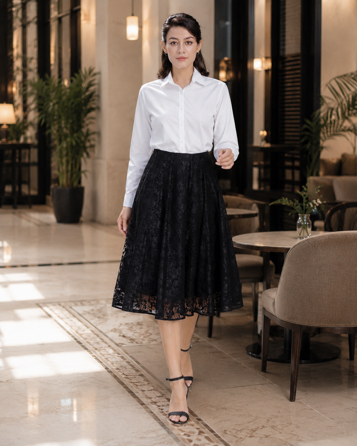 Aurelia Floral Lace A-Line Midi Skirt – Black