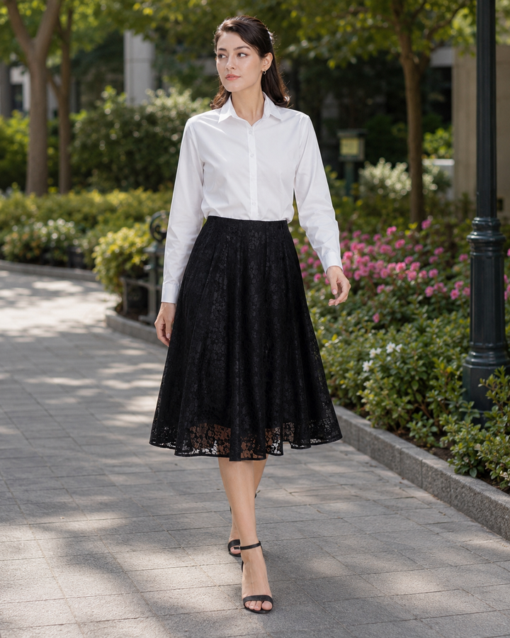 Aurelia Floral Lace A-Line Midi Skirt – Black