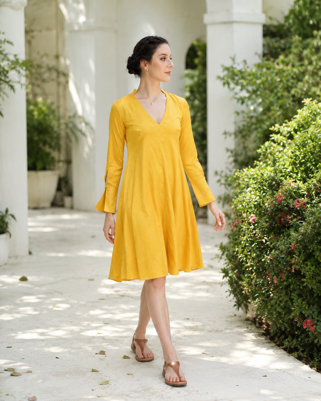 Aurelia Mustard Yellow V-Neck Midi Dress