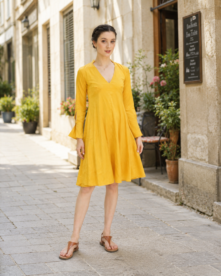 Aurelia Mustard Yellow V-Neck Midi Dress
