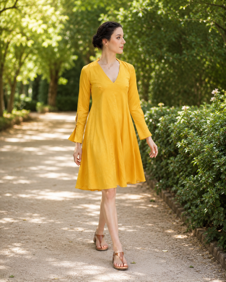 Aurelia Mustard Yellow V-Neck Midi Dress
