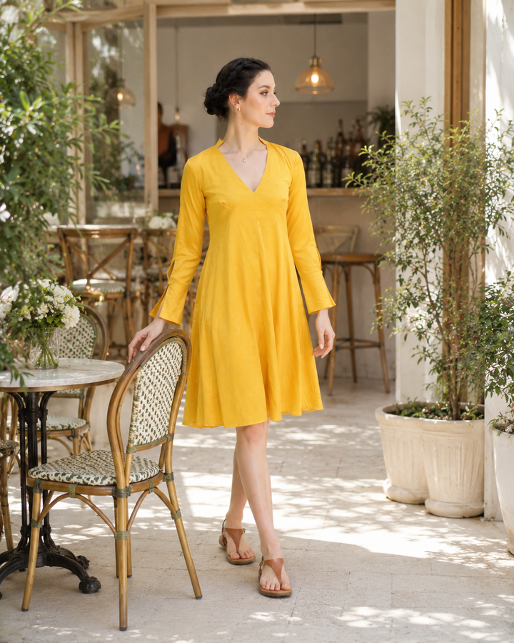 Aurelia Mustard Yellow V-Neck Midi Dress