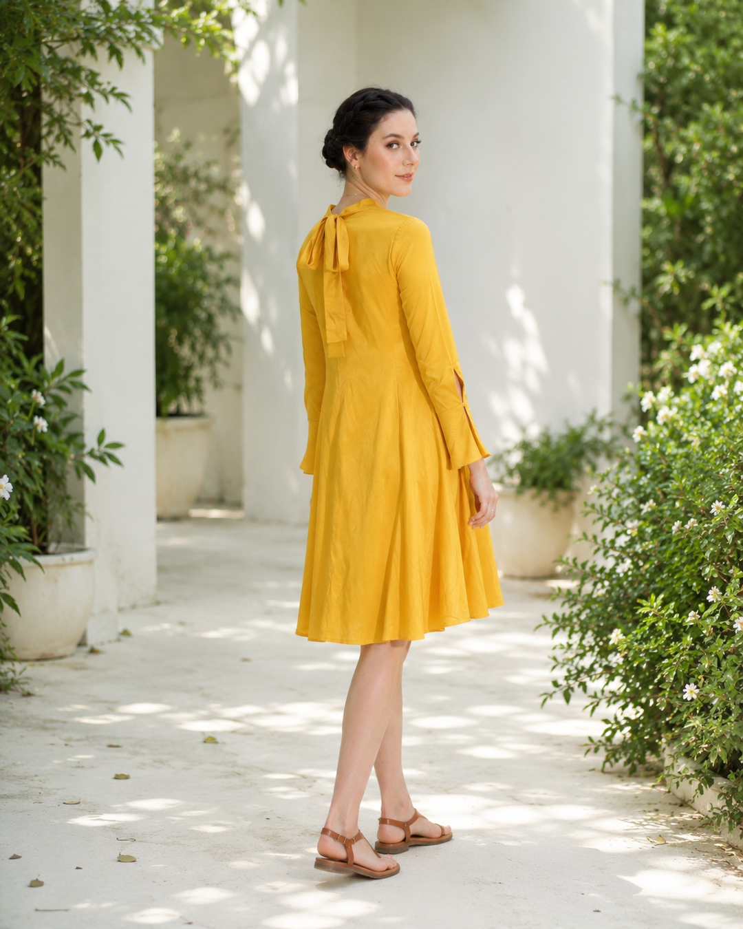 Aurelia Mustard Yellow V-Neck Midi Dress