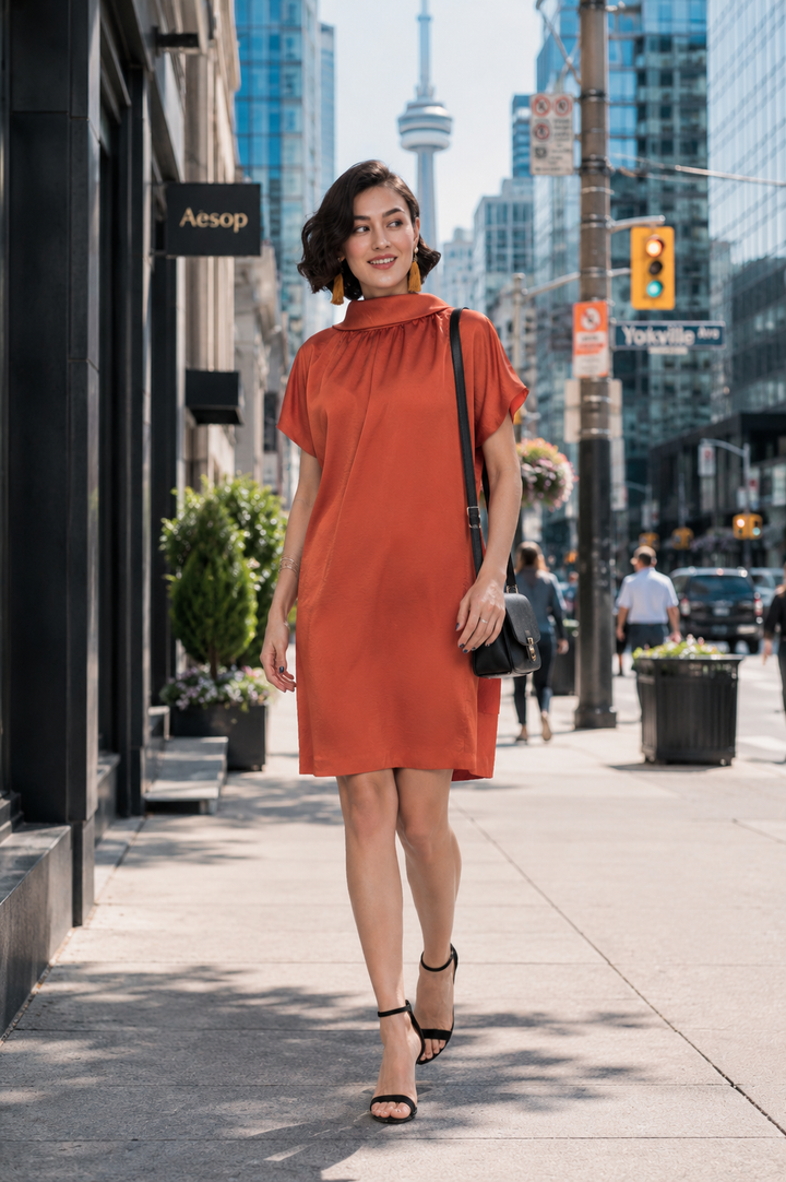 Lined Shift Dress with Back Drop-Collar and Tie