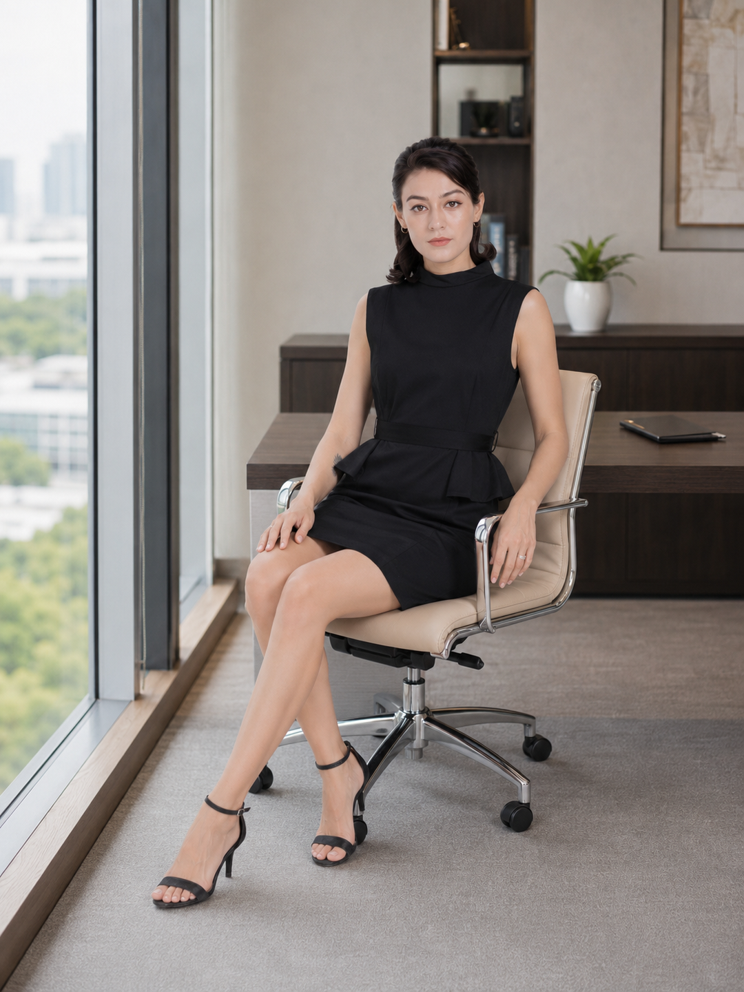 Mock neck Peplum Sleeveless Dress-Black color