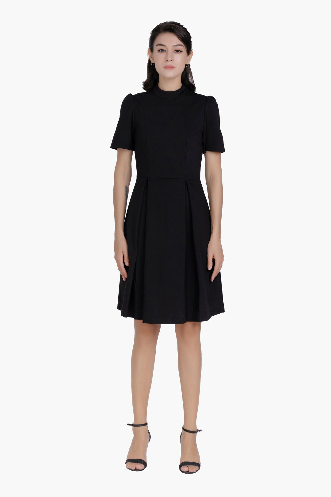 Women’s Elegant Black Mock Neck A-Line Work Dress, Short Sleeve Fit-and-Flare Business Casual Dress