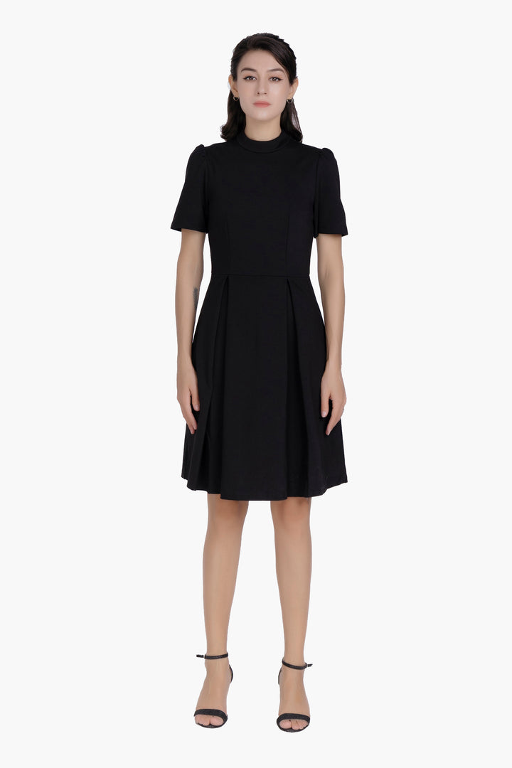 Women’s Elegant Black Mock Neck A-Line Work Dress, Short Sleeve Fit-and-Flare Business Casual Dress