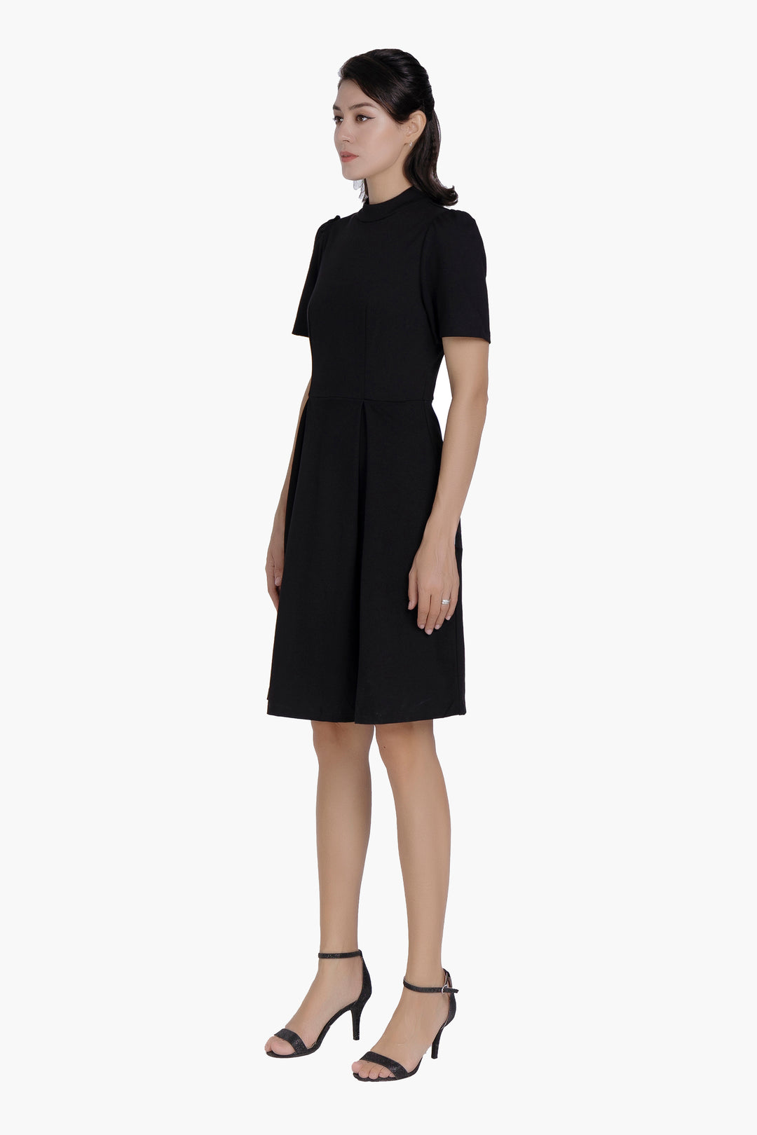 Women’s Elegant Black Mock Neck A-Line Work Dress, Short Sleeve Fit-and-Flare Business Casual Dress