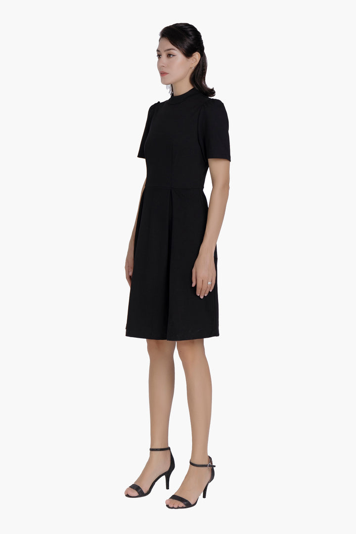 Women’s Elegant Black Mock Neck A-Line Work Dress, Short Sleeve Fit-and-Flare Business Casual Dress