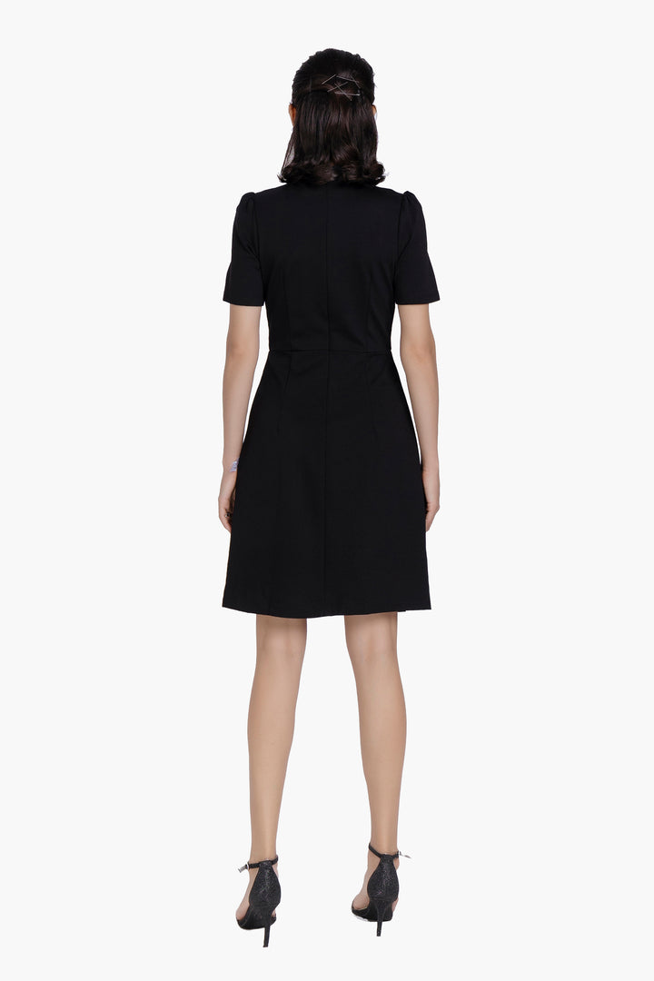 Women’s Elegant Black Mock Neck A-Line Work Dress, Short Sleeve Fit-and-Flare Business Casual Dress