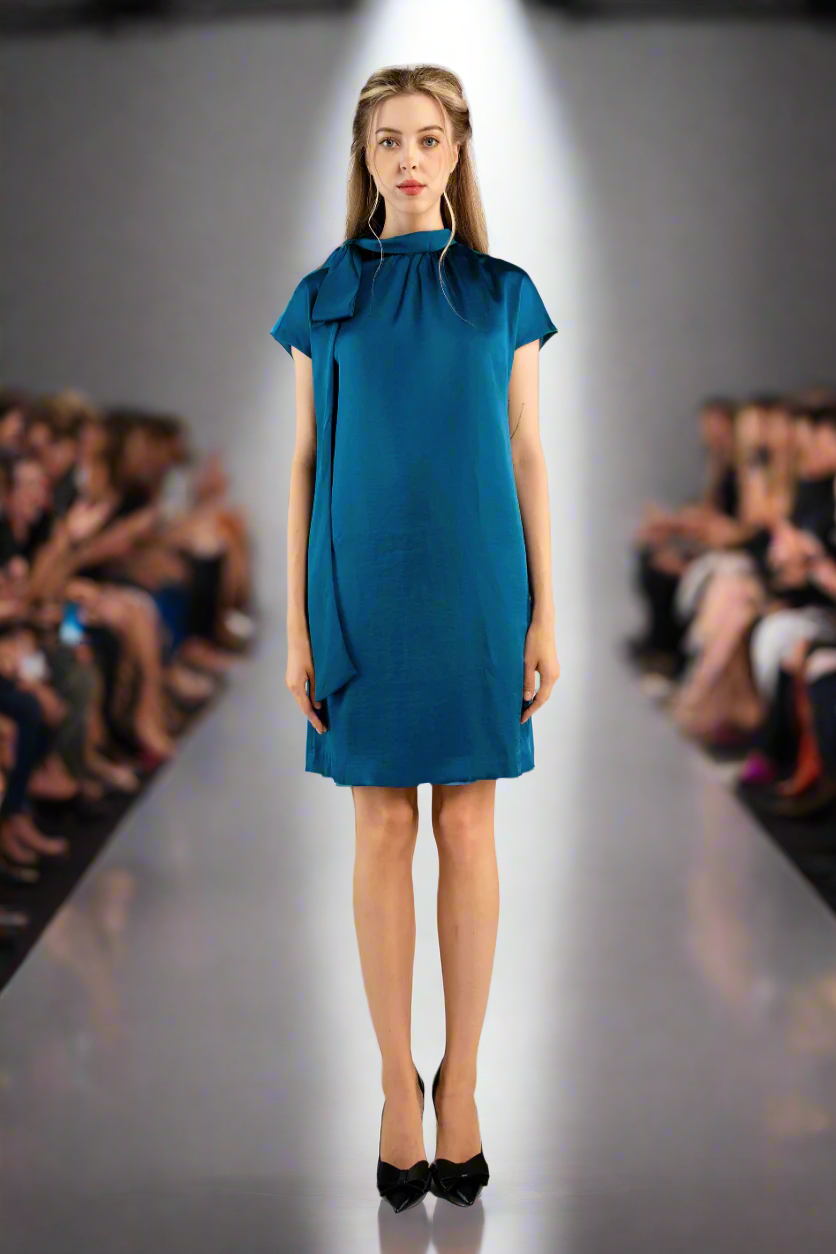 Blue satin shift dress with bow on shoulder