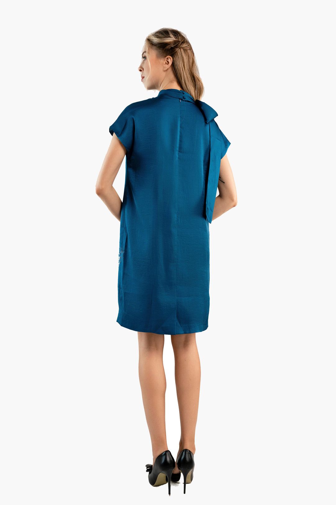 Blue satin shift dress with bow on shoulder