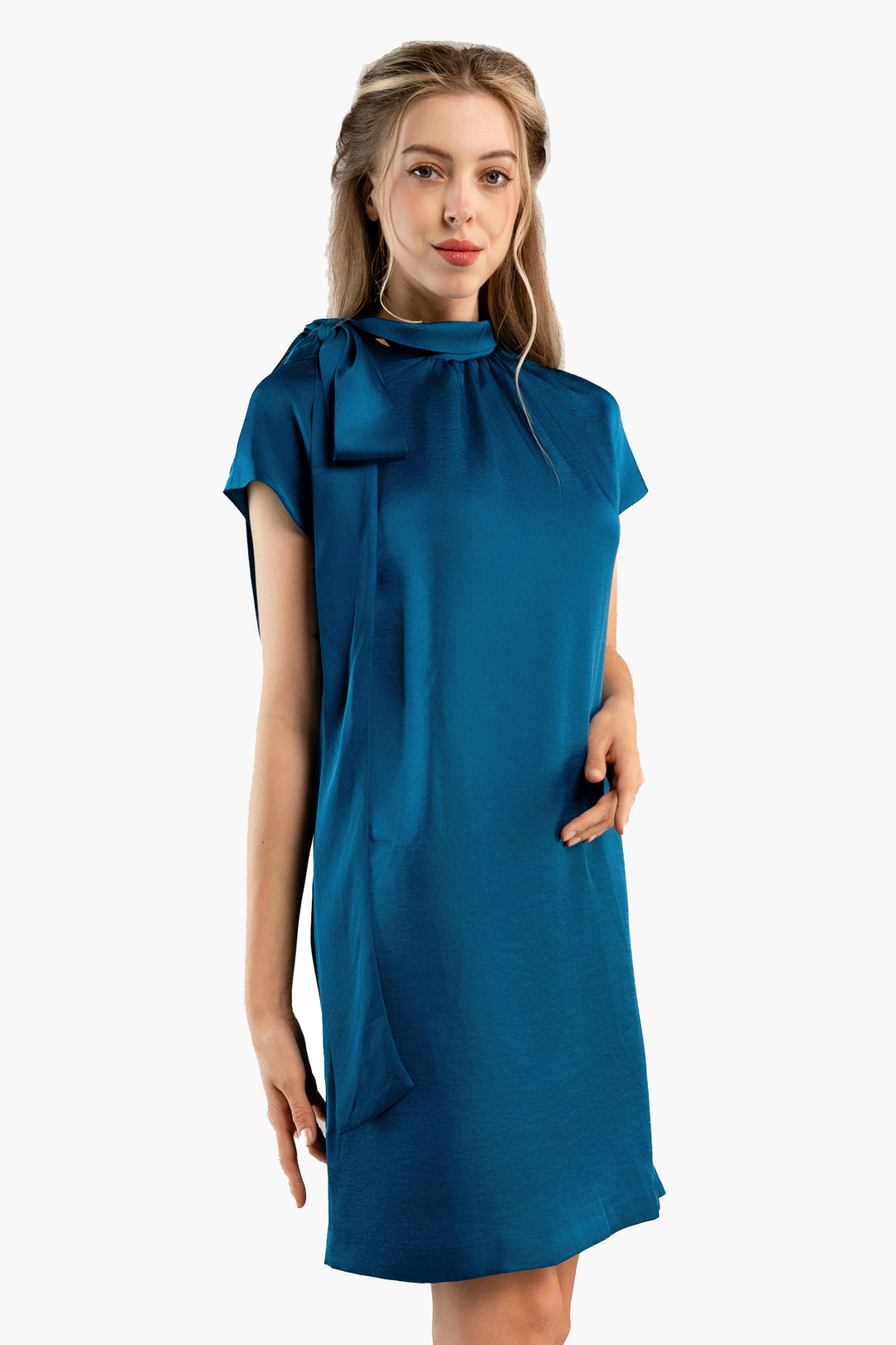 Blue satin shift dress with bow on shoulder