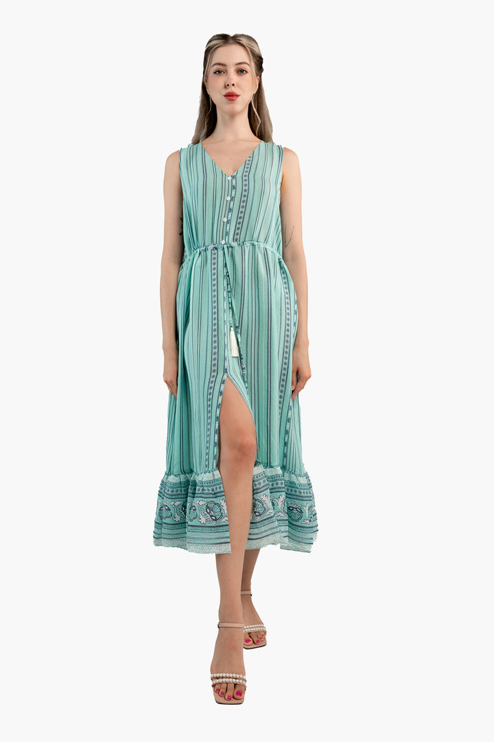 Sleeveless Stripe Printed Crepe Midi Dress