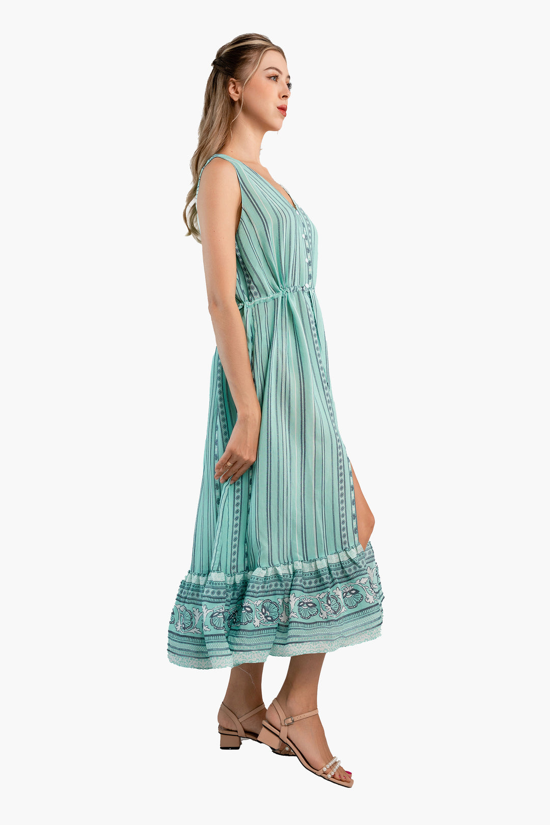 Sleeveless Stripe Printed Crepe Midi Dress