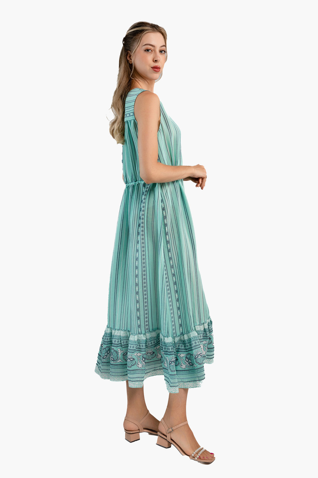 Sleeveless Stripe Printed Crepe Midi Dress