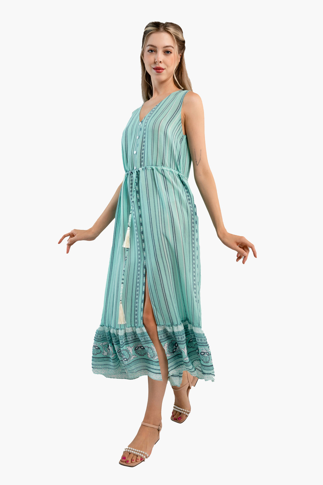 Sleeveless Stripe Printed Crepe Midi Dress