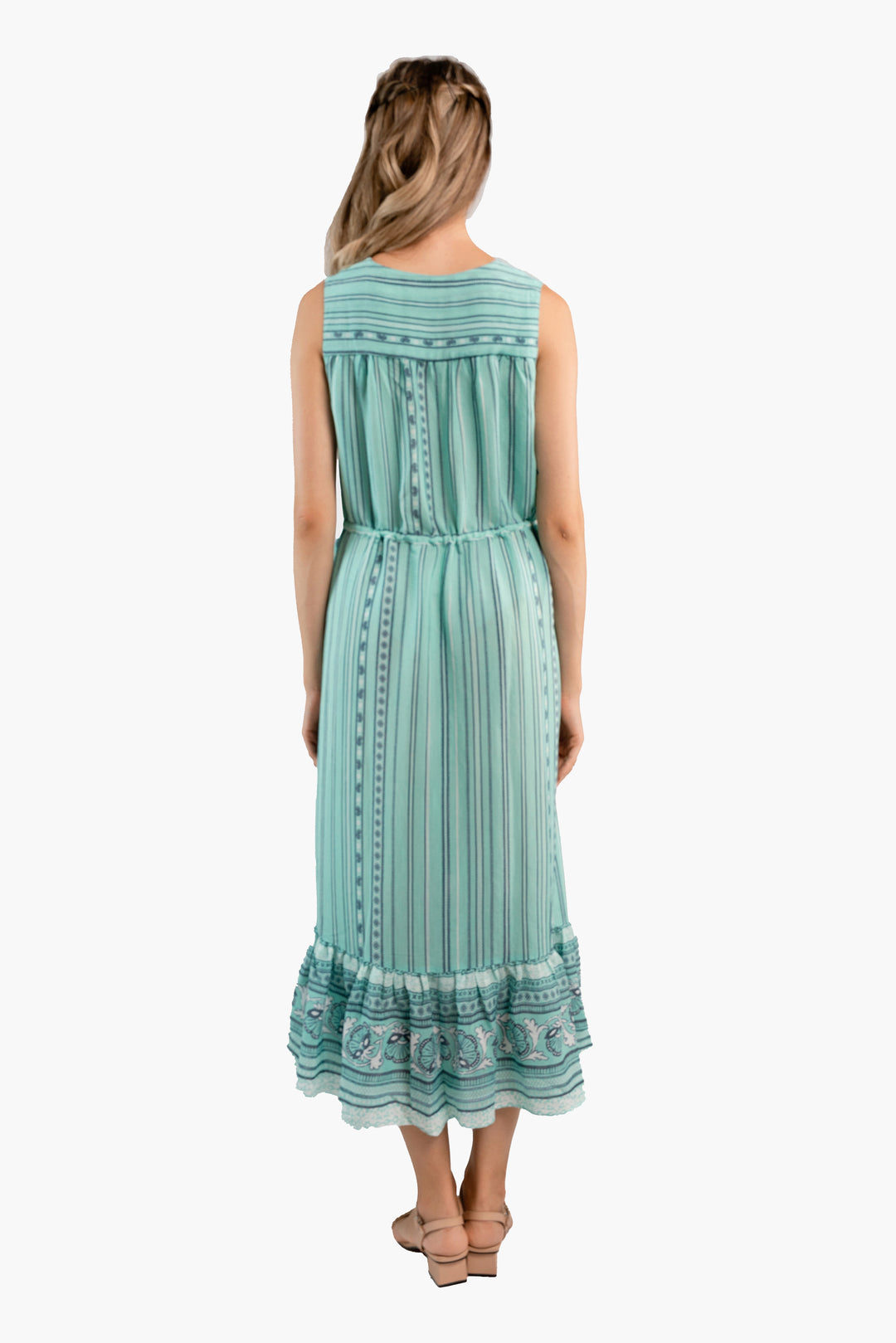 Sleeveless Stripe Printed Crepe Midi Dress