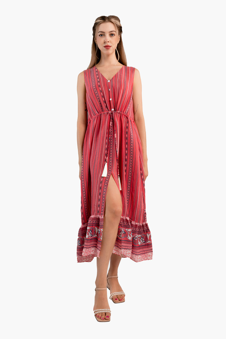 Sleeveless Stripe Printed Crepe Midi Dress