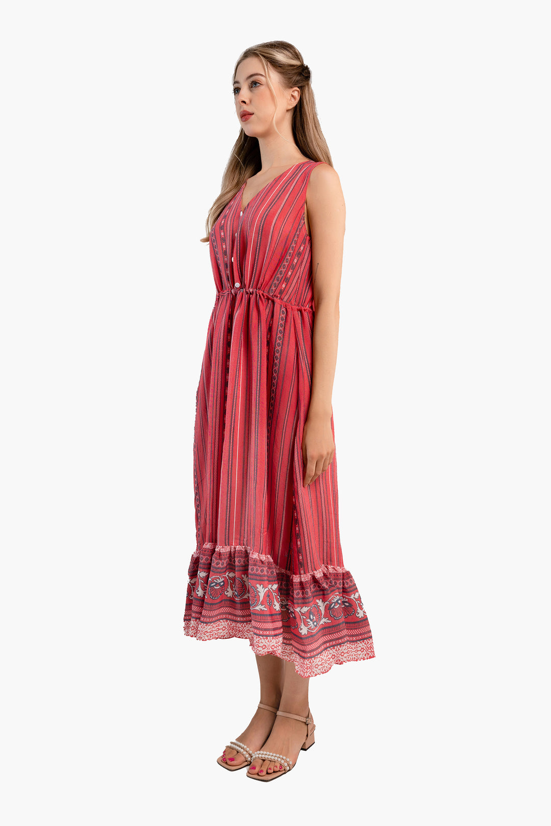 Sleeveless Stripe Printed Crepe Midi Dress