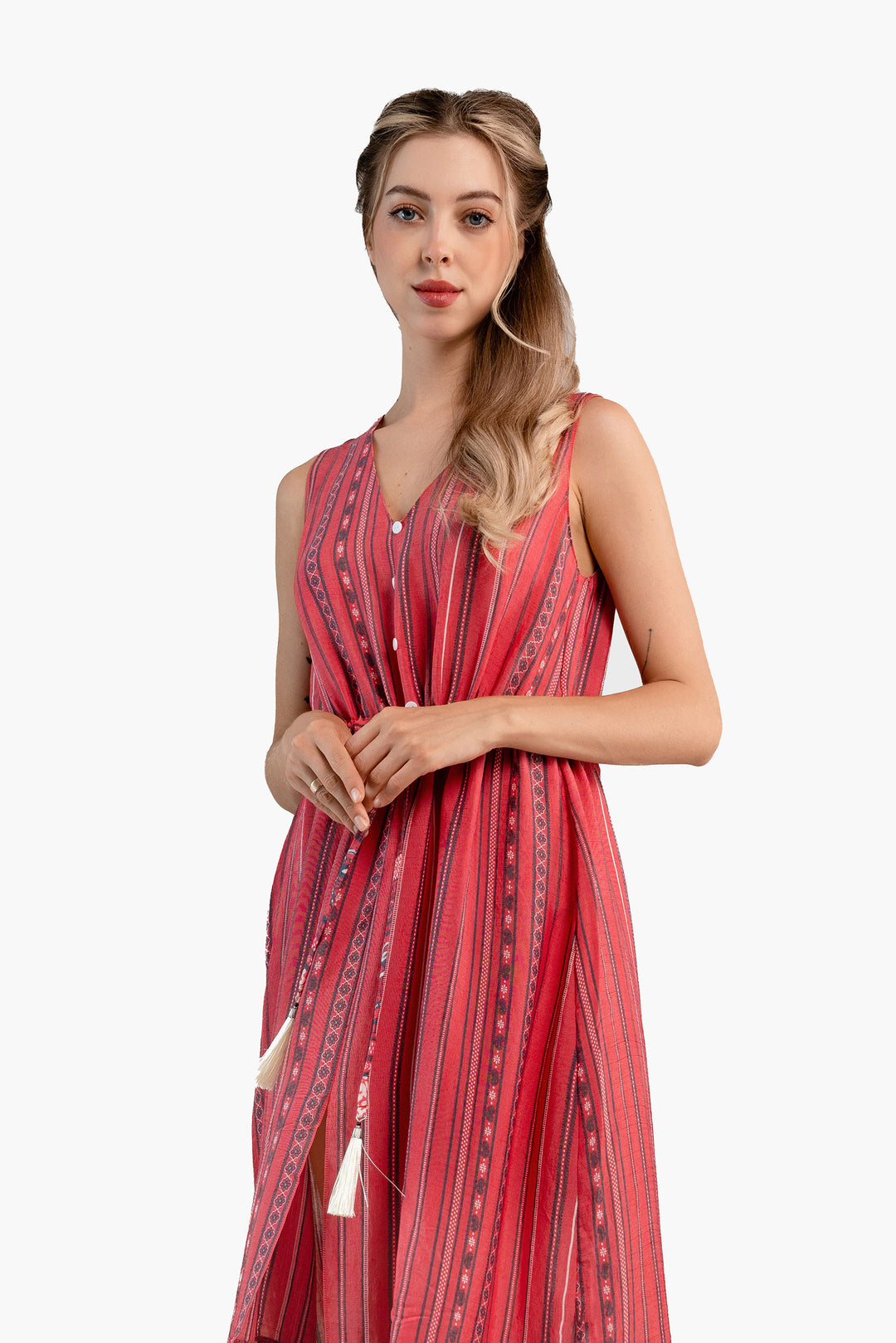 Sleeveless Stripe Printed Crepe Midi Dress