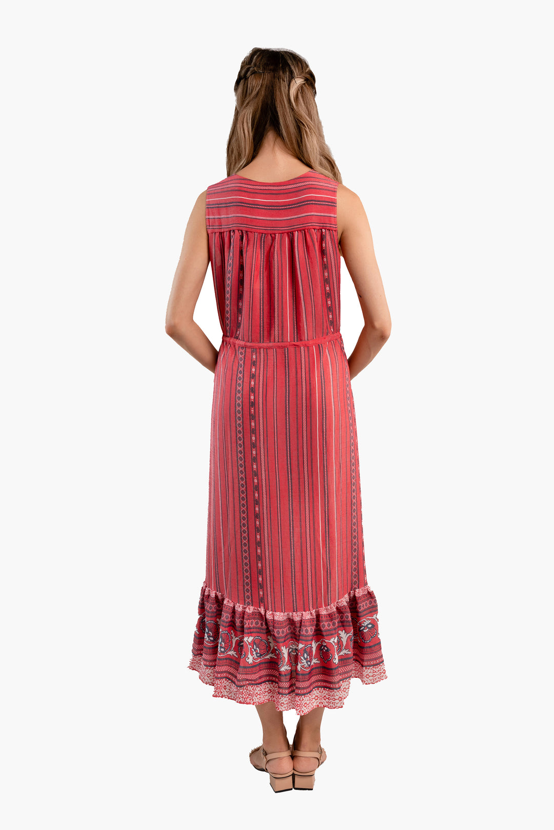 Sleeveless Stripe Printed Crepe Midi Dress