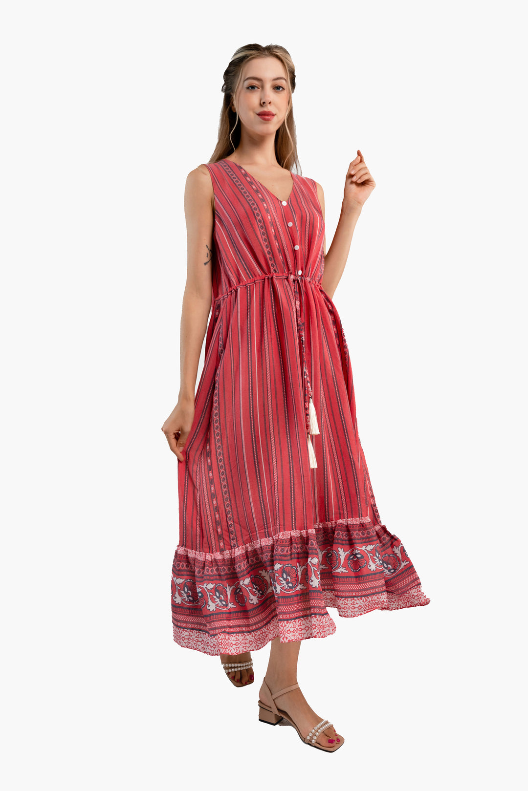 Sleeveless Stripe Printed Crepe Midi Dress