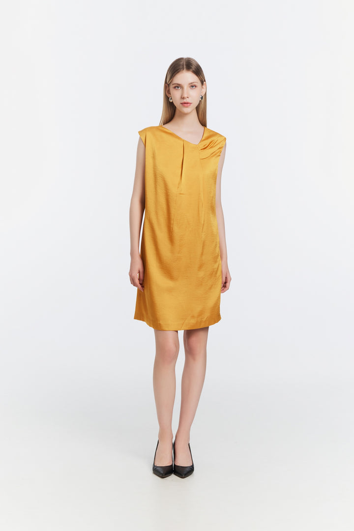 Asymmetric Pleated Satin Dress – Mustard Yellow