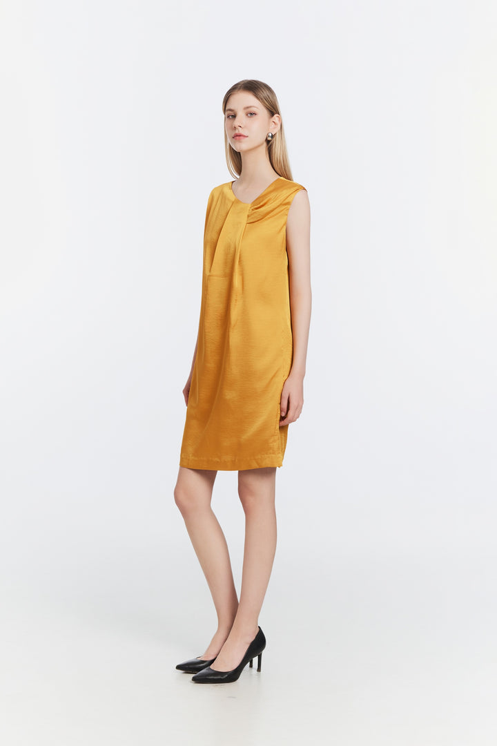 Asymmetric Pleated Satin Dress – Mustard Yellow