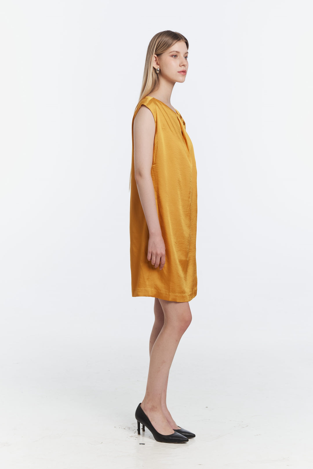 Asymmetric Pleated Satin Dress – Mustard Yellow