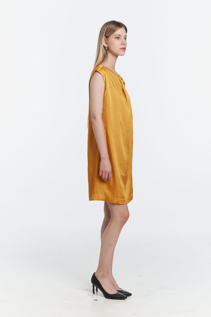 Asymmetric Pleated Satin Dress – Mustard Yellow
