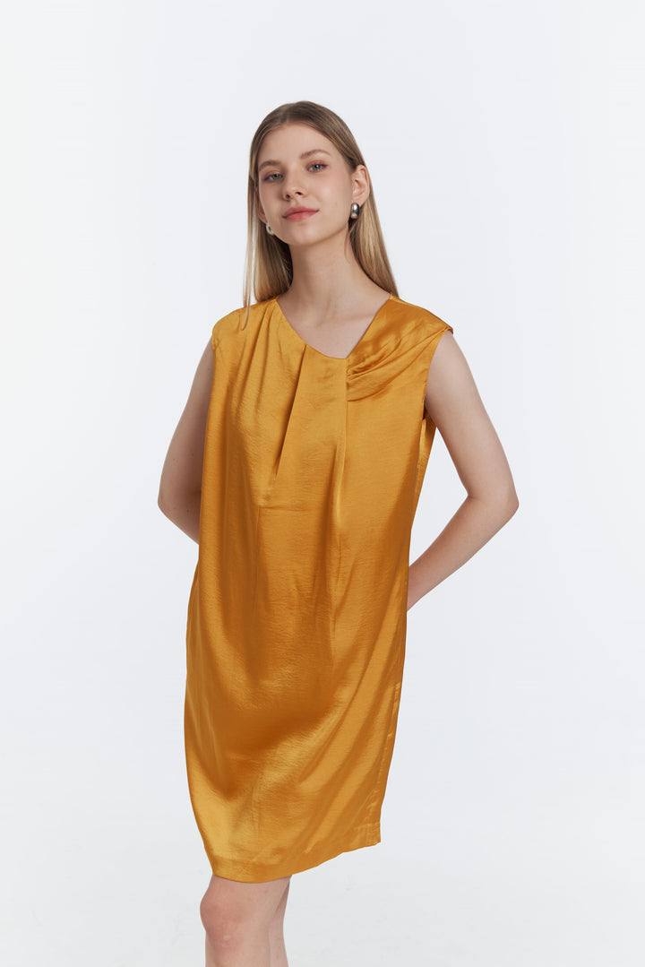 Asymmetric Pleated Satin Dress – Mustard Yellow