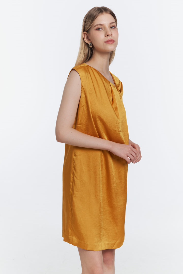 Asymmetric Pleated Satin Dress – Mustard Yellow