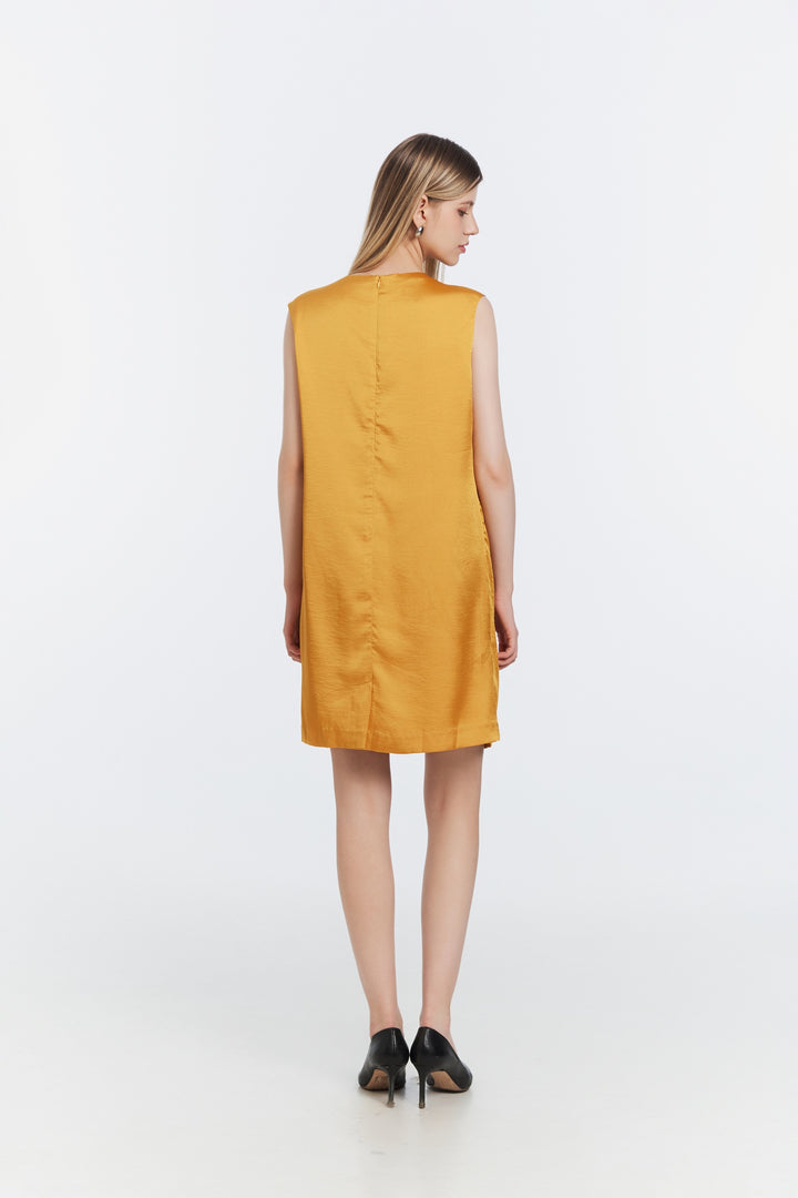Asymmetric Pleated Satin Dress – Mustard Yellow