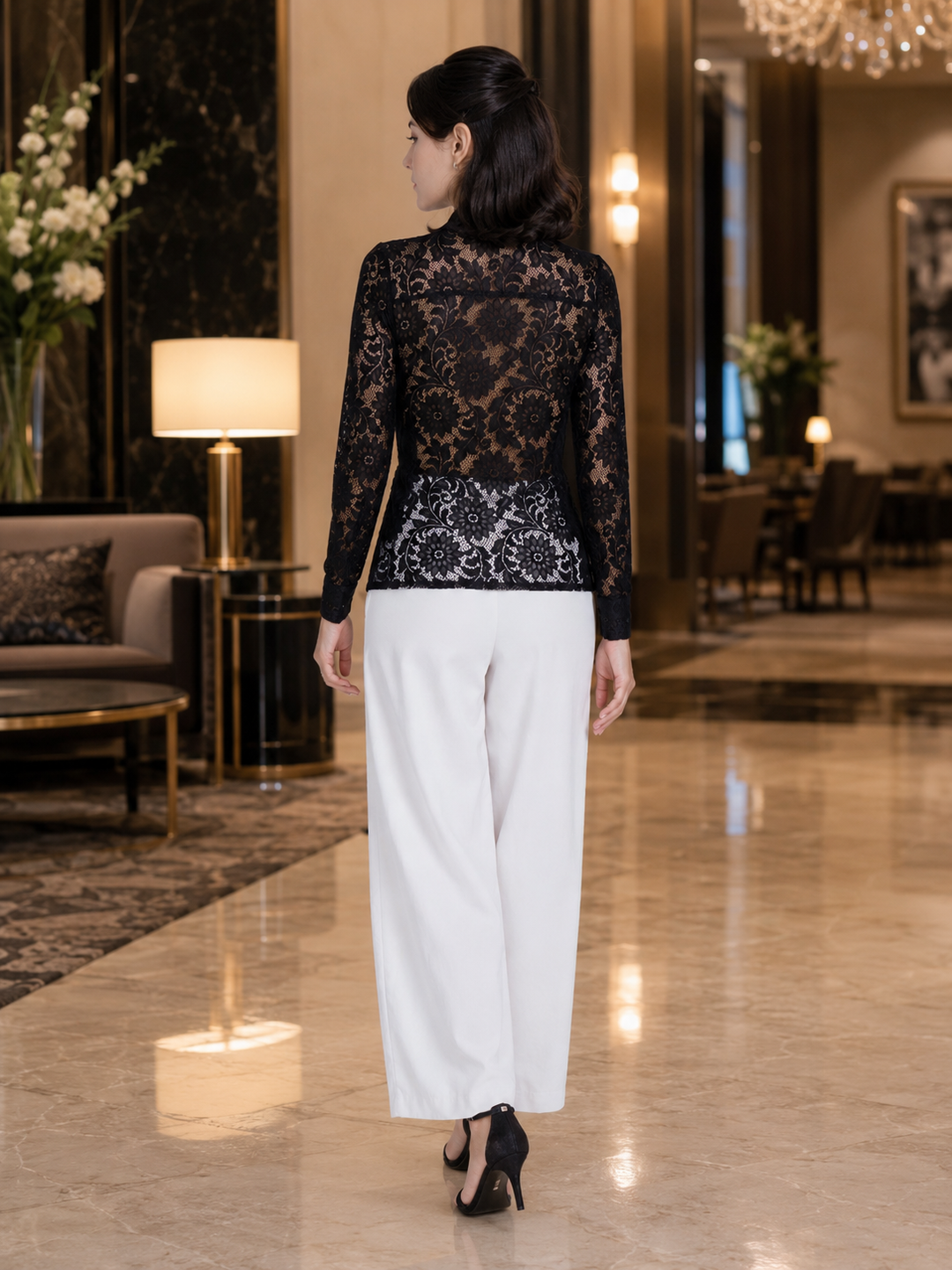 Celeste Black Floral Lace Button-Up Blouse