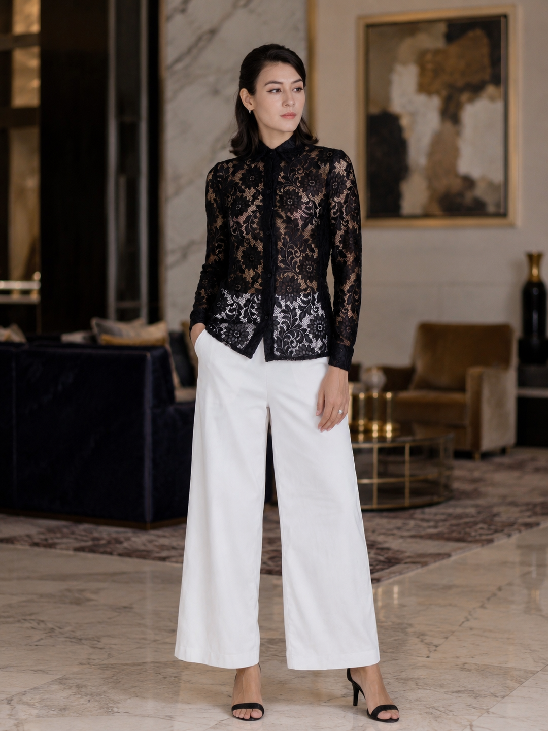 Celeste Black Floral Lace Button-Up Blouse