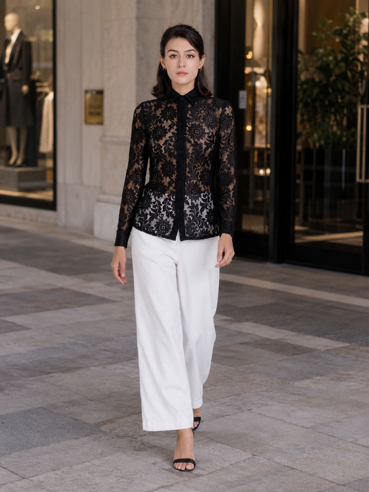 Celeste Black Floral Lace Button-Up Blouse