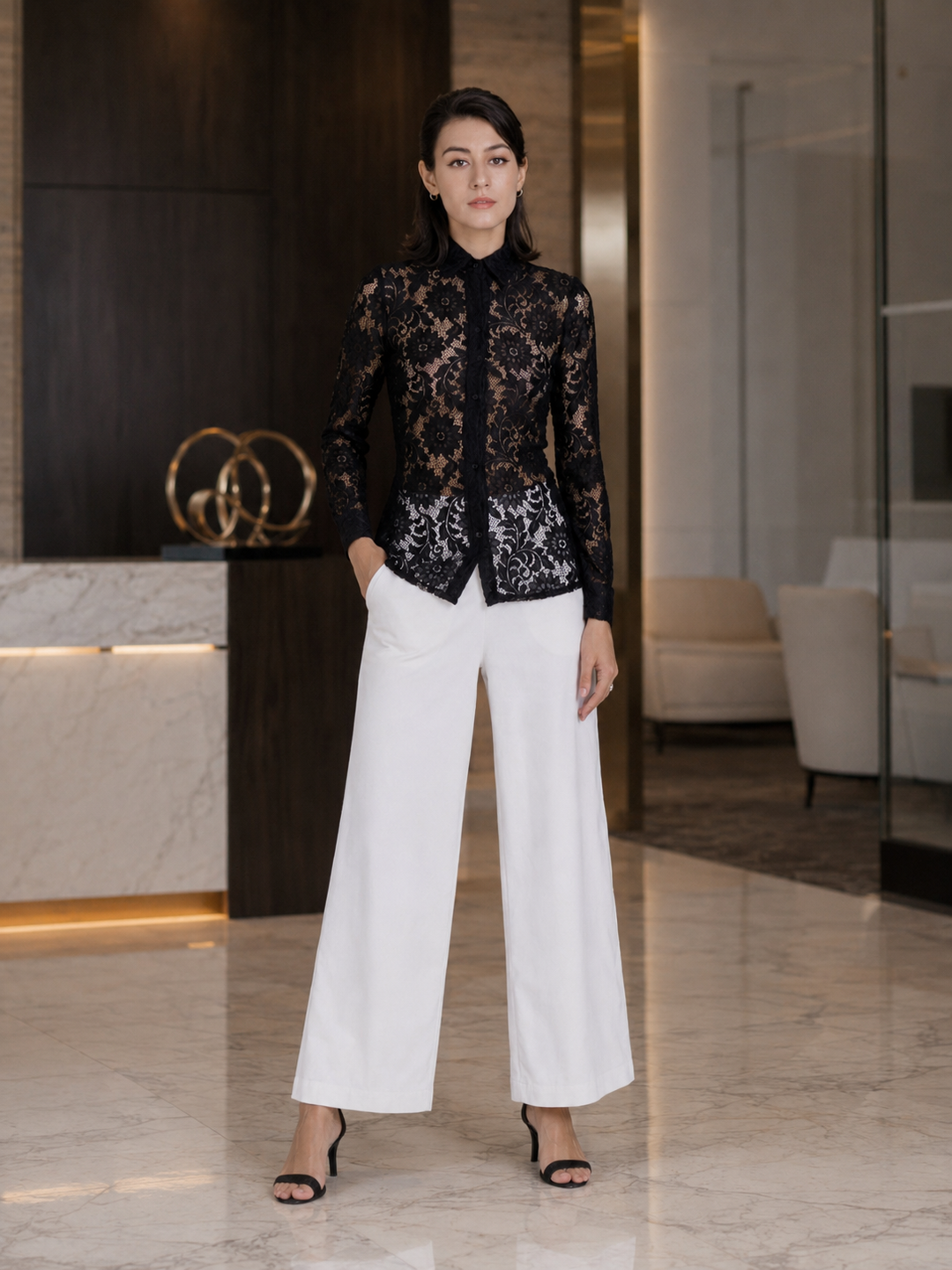 Celeste Black Floral Lace Button-Up Blouse