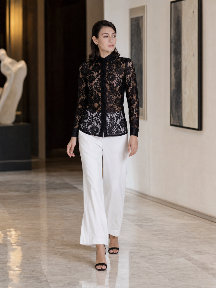 Celeste Black Floral Lace Button-Up Blouse